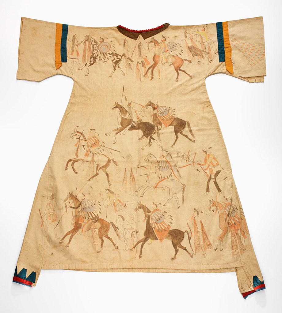 Hunkpapa Lakota dress (back), ca. 1880. North Dakota or South Dakota. Muslin, wool cloth, silk ribbon, thread, paint; 141.5 x 128.4 cm. (21/3665)