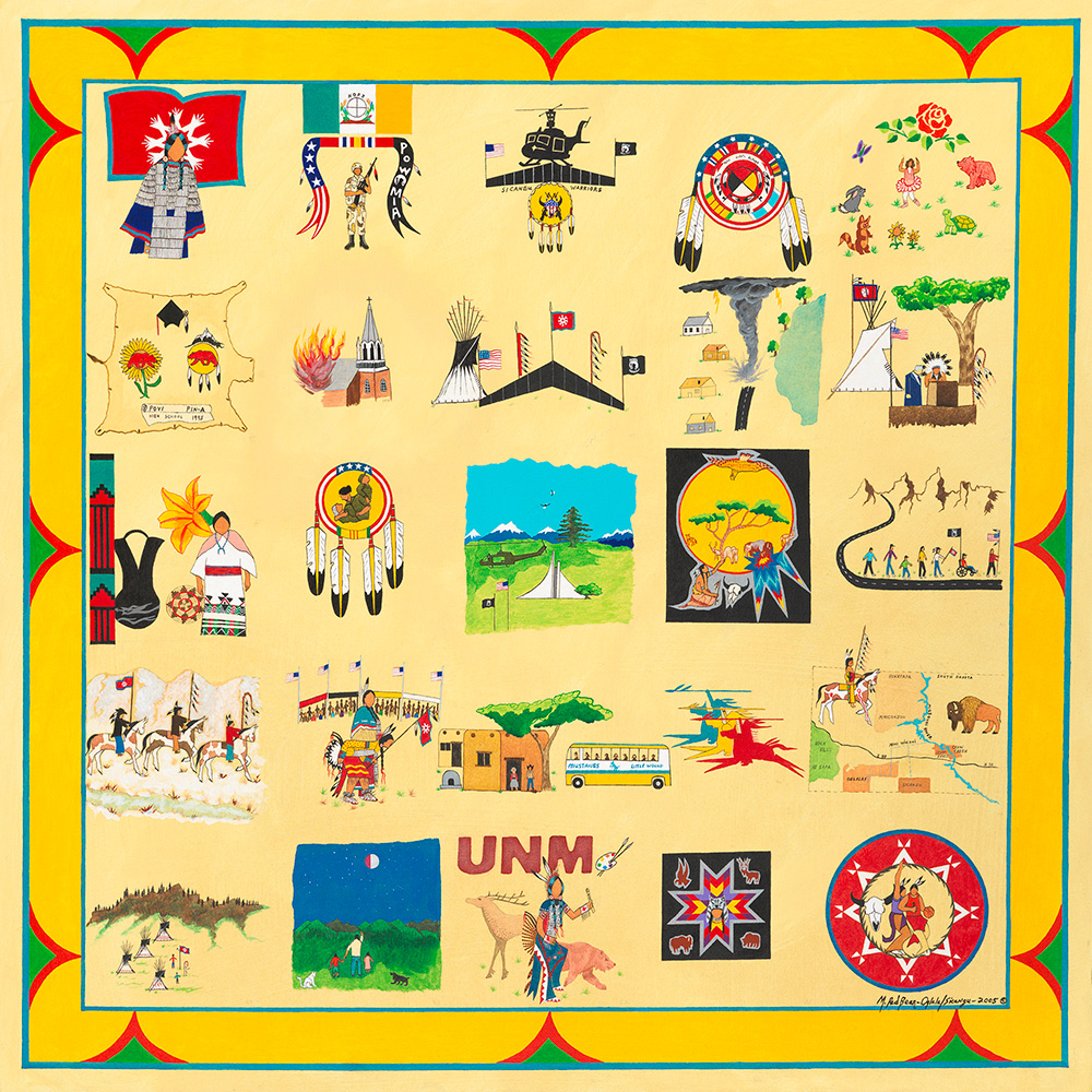 Martin E. Red Bear (Oglala/Sicangu Lakota, b. 1947). Red Bear's Winter Count, 2004. Canvas, acrylic paint; 116.5 x 116 cm. (26/8020)