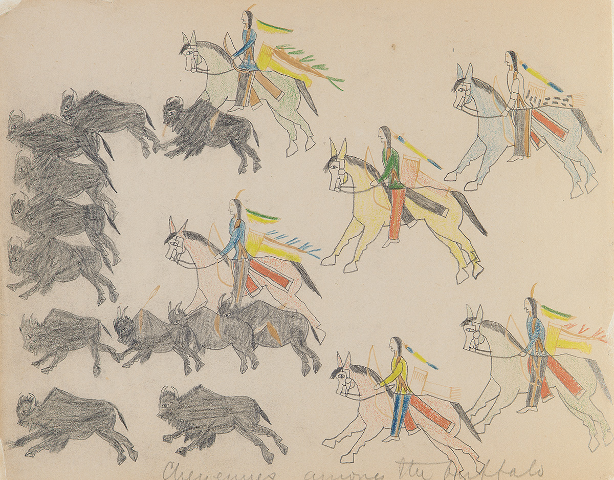 Bear's Heart (Southern Cheyenne, 1851=1882), Cheyennes among the Buffalo. From Bear's Heart's drawing book, ca. 1875. Paper, graphite, colored pencil, ink; 17 x 23 cm. (20/6231)