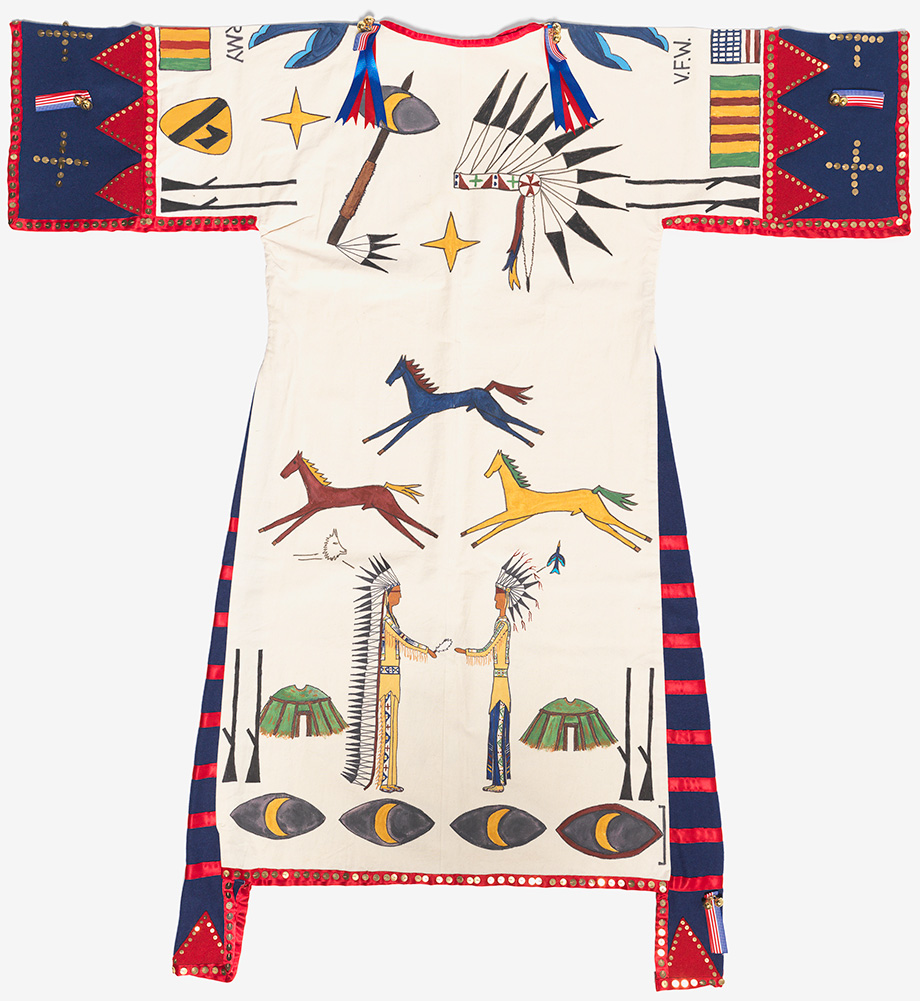 Lauren Good Day (Arikara/Hidatsa/Blackfeet/Plains Cree, b. 1987). A Warrior's Story, Honoring Grandpa Blue Bird, 2012. Muslin, dyed wool fabric, pigments, brass sequins, brass bells, satin ribbon, cotton thread, acrylic sinew; 151 x 141.6 x 2.5 cm. Purchase supported by the R. Devon Hutchins Memorial Contemporary Art Fund. (26/8817)