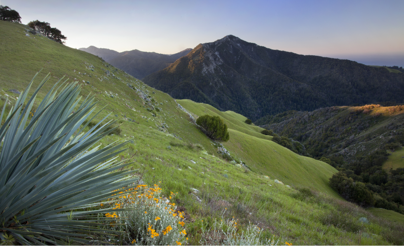 A green mountain ridge in the homeland of the Esselen Tribe of Monterey County, in present-day Big Sur.