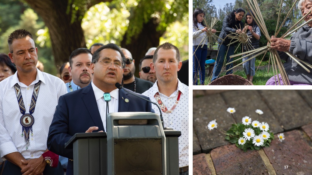 Slide 17 of 18: Three images depict a man speaking at a podium, daisies growing through a crack in a brick walkway, and people weaving natural materials.