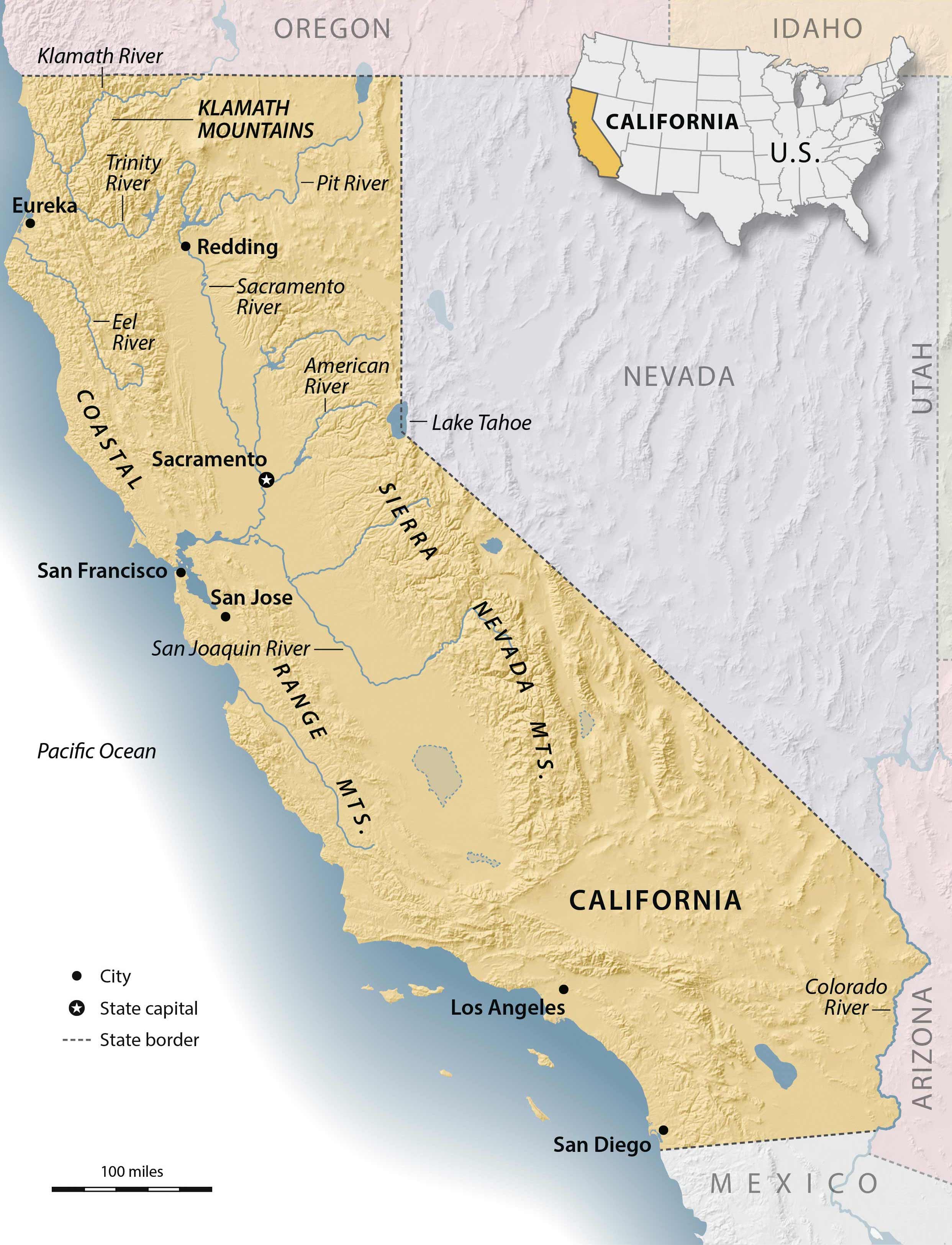 Map labels location of major cities and areas of California including mountain ranges, rivers, and coastline