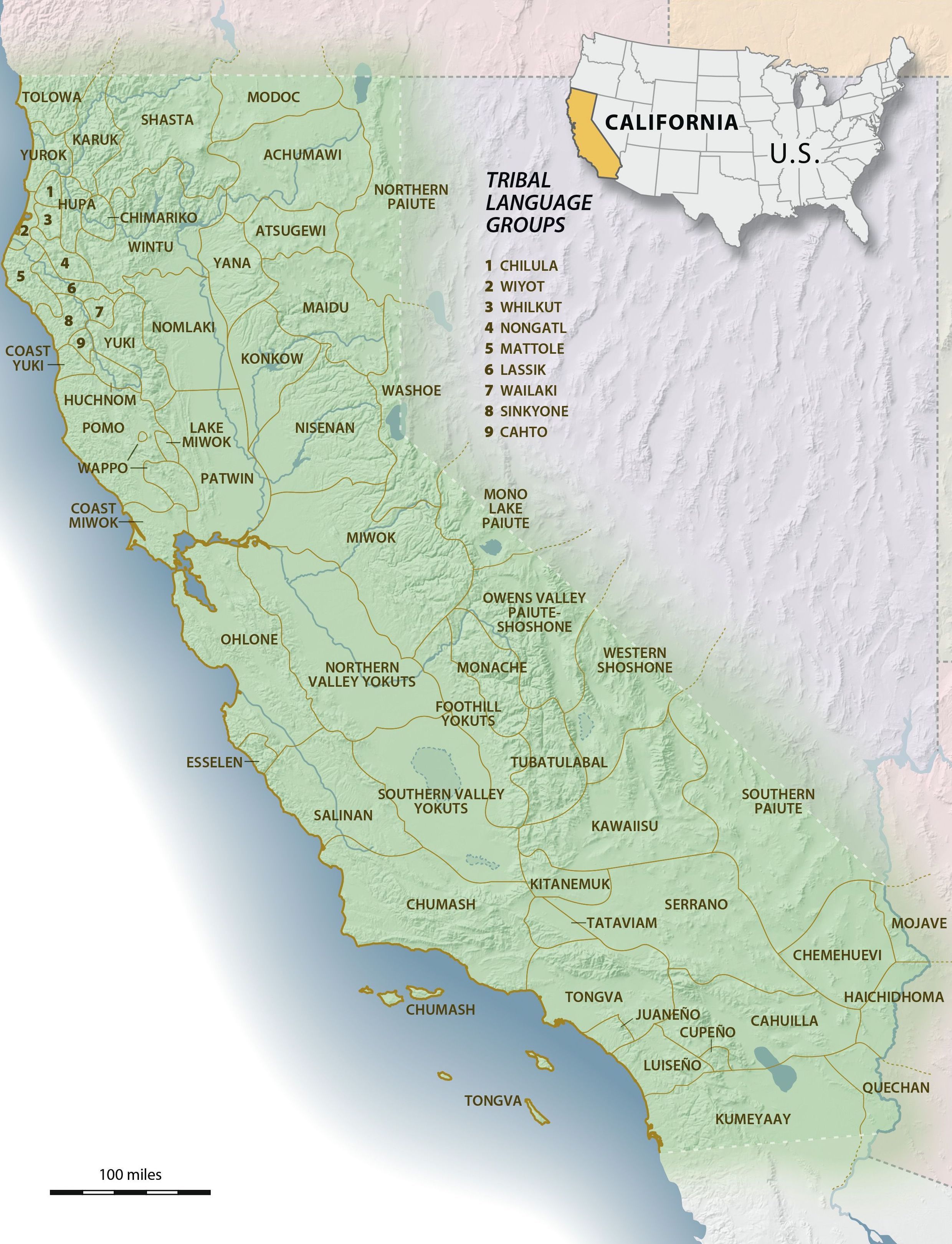 Map of California labeled with names of language groups associated with marked geographic areas