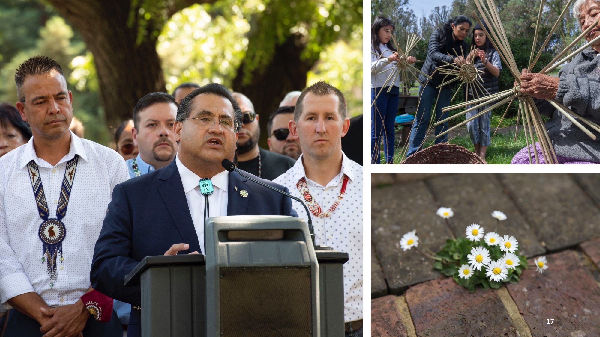 Three images depict a man speaking at a podium, daisies growing through a crack in a brick walkway, and people weaving natural materials.