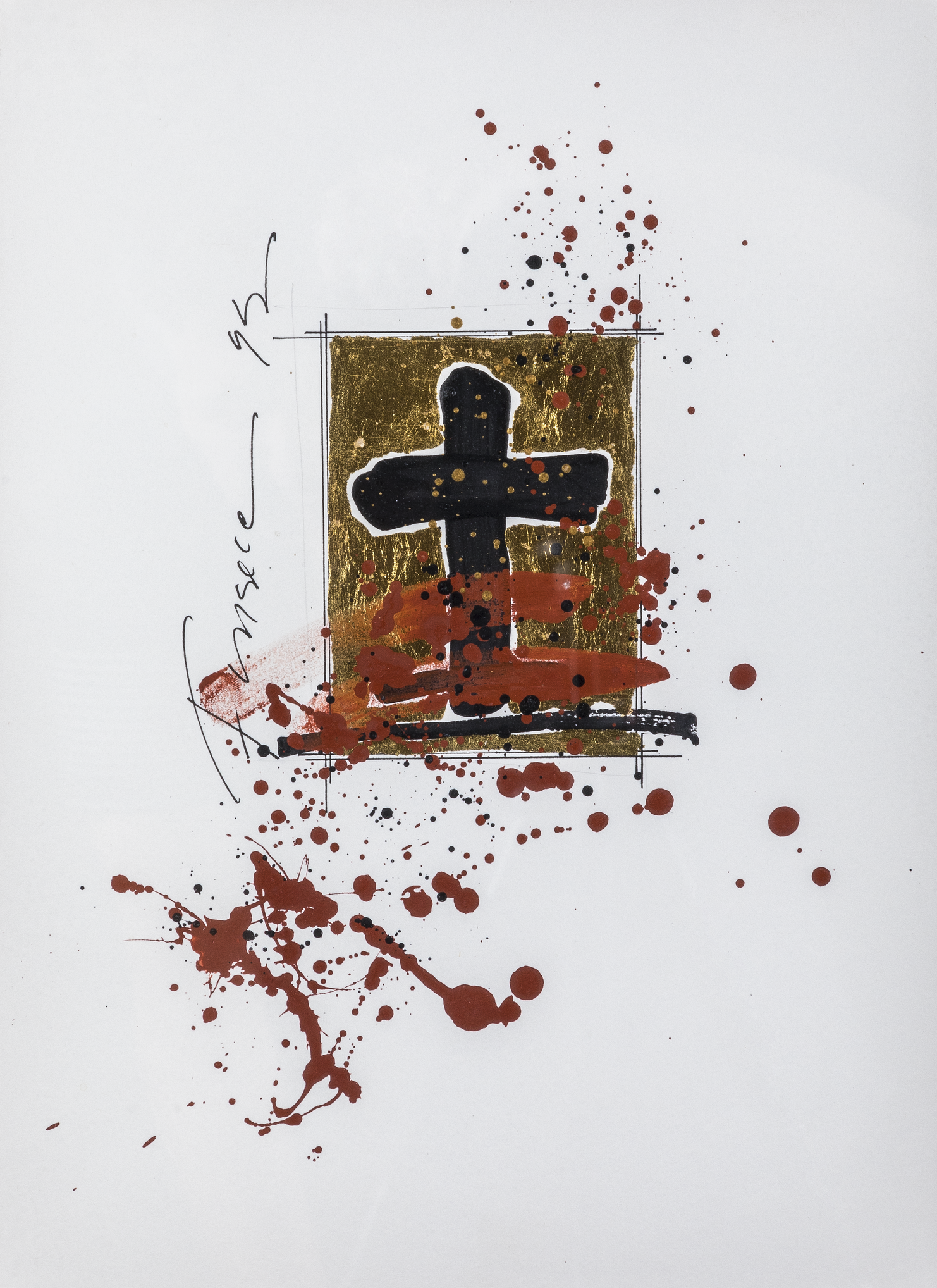 A drawing of a brown cross is outlined in white on a gold background, with red paint spattered on the cross and surrounding area