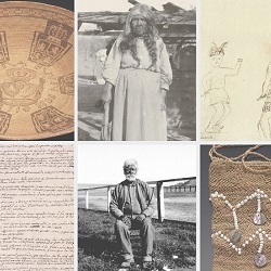 collage featuring a basket, writing, a photograph of a woman, a photograph of a man, an illustration of a figure, and a woven bag with shells