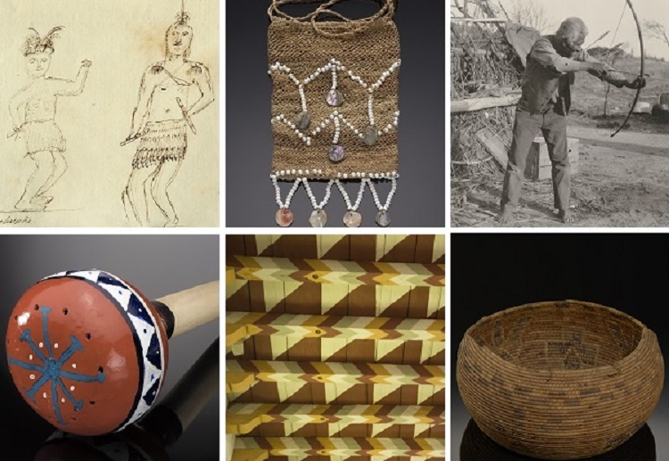 Collage featuring an illutration with 2 figures, a rattle, a woven bag, a ceiling painted in a geometric pattern, a black and white photograph of a man drawing a bow, and a woven basket