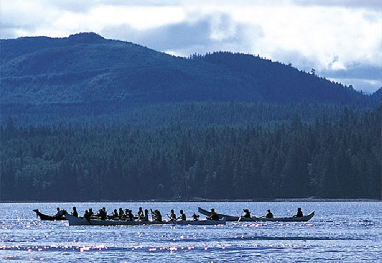 People rowing boats on a large body of water with mountains in the background