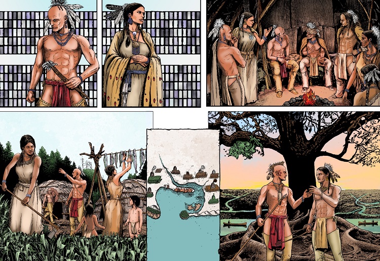 illustration featuring panels with figures engaging in life activities