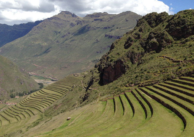 Terrazas agrícolas en el yacimiento ancestral de los Inka de Písac, Región del Cusco, Perú. Foto por Isabel Hawkins, 2014.