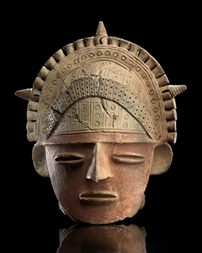 Muisca ceramic head, AD 1200â€“1600. Colombia, Clay, paint, 26 x 15 x 29 cm. (23/920)