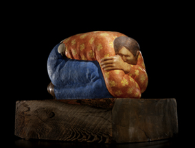 Bob Haozous (Warm Springs Chiricahua Apache, b. 1943), Sleeping Man, 1975. Limestone, paint, wood. 70 x 50 x 56 cm. (26/5383)